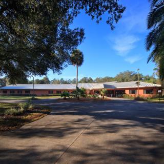 A school building surrounded by trees and a driveway under a clear blue sky.