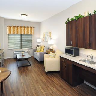 A modern, furnished living room with a kitchenette, featuring wood flooring, a sofa, and various decor elements.