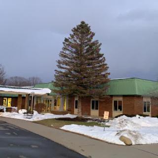A school building surrounded by snow, with a prominent evergreen tree in the foreground.