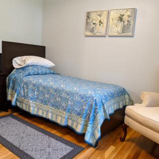 A cozy bedroom with a single bed covered in blue bedding, featuring modern decor and artwork on the walls.