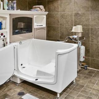 A modern bathroom featuring a walk-in bathtub designed for accessibility.