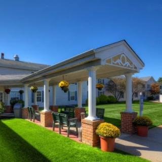 A charming outdoor patio area with bright flowers and a clear blue sky.