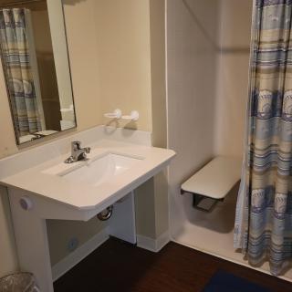A bathroom featuring a sink with a mirror, and an accessible shower area with a curtain.