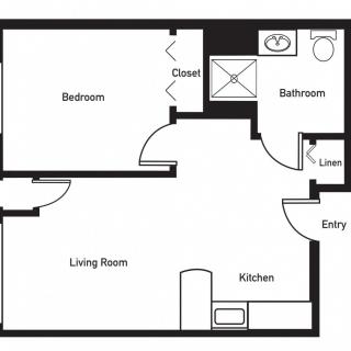 A simple one-bedroom apartment floor plan with living room, kitchen, and bathroom.