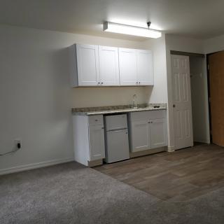 A minimalist apartment kitchen with white cabinets and a carpeted floor.