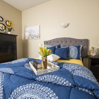 A cozy bedroom featuring a stylish bed with blue patterned bedding, complemented by decorative pillows and a tray with flowers.