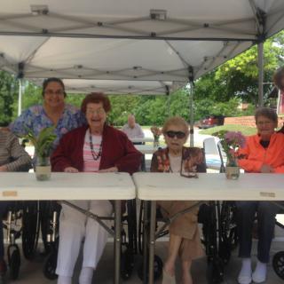 A group of elderly individuals sitting under a tent outdoors.