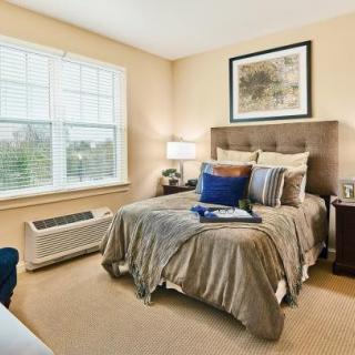 A cozy bedroom with neutral tones, featuring a neatly made bed, artwork above the headboard, and a large window letting in natural light.