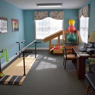 A brightly lit physical therapy room equipped with parallel bars and exercise balls.
