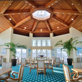 A brightly lit dining area with a wooden ceiling and skylight, featuring large potted plants and elegant chairs on a patterned carpet.