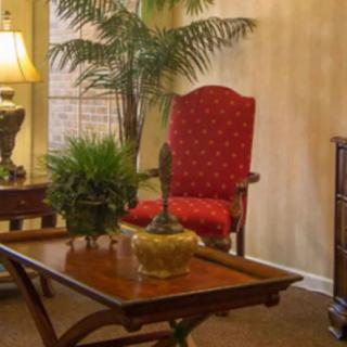 A cozy living room with a red upholstered chair, a wooden coffee table, and greenery.