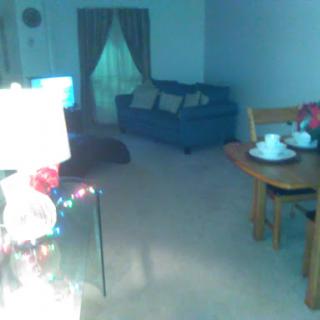 A cozy living room featuring a blue sofa, a dining area, and warm lighting.