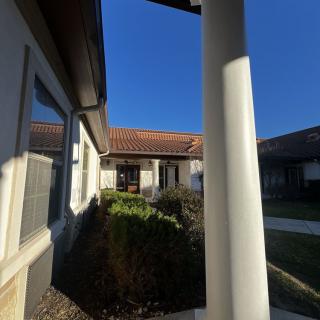 A sunny courtyard with a tiled roof, surrounded by bushes and white columns.