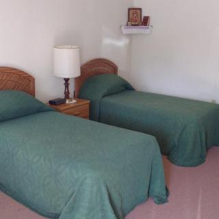 A simple bedroom with two twin beds covered in green bedspreads, a shared nightstand, and a lamp.