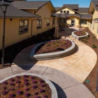 A modern architectural setting featuring landscaped gardens and curving walkways.