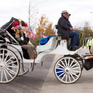 A horse-drawn carriage with flags and flowers, driven through an urban setting.