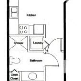 A floor plan displaying a small apartment layout including a kitchen, laundry area, bathroom with shower, and a linen closet.