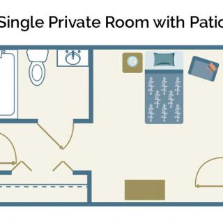 Floor plan of a single private room with patio.