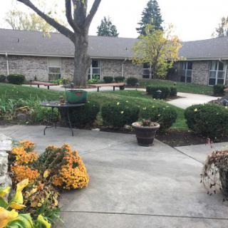 A serene courtyard surrounded by neatly trimmed bushes and blooming flowers, offering a peaceful outdoor space.