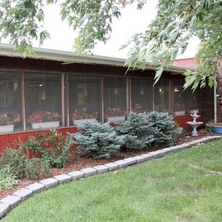 A well-maintained garden with bushes and a lawn in front of a screened porch.
