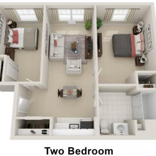 3D floor plan of a two-bedroom apartment layout.