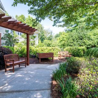 A serene garden patio with a wooden pergola and comfortable benches surrounded by lush greenery.
