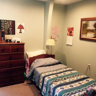 A cozy bedroom with a neatly made single bed, wooden dresser, and decorative wall art.