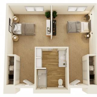 A minimalist apartment floor plan featuring two bedrooms with a shared bathroom.