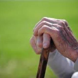 An elderly person holding a walking stick outdoors.