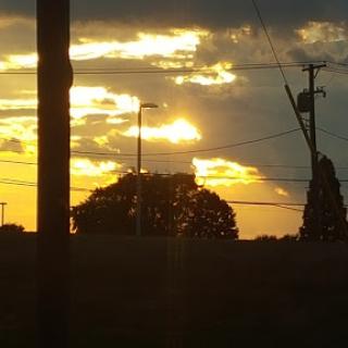 A beautiful sunset with dramatic clouds and silhouettes of trees against the fading light.
