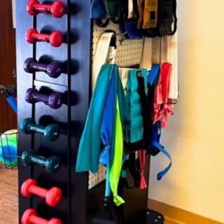 A neatly organized storage rack with dumbbells and various workout accessories.