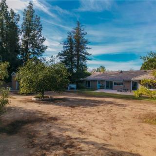 A rustic house surrounded by trees on a sunny day.