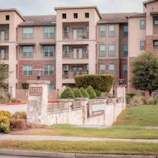 A view of a modern apartment building with landscaped surroundings.