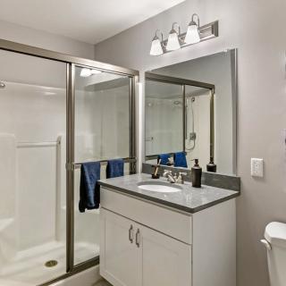 A modern bathroom featuring a glass-enclosed shower, sink with vanity, large mirror, and overhead lighting.