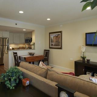 A modern open floor plan living room with a view into the kitchen, featuring contemporary furniture and decor.