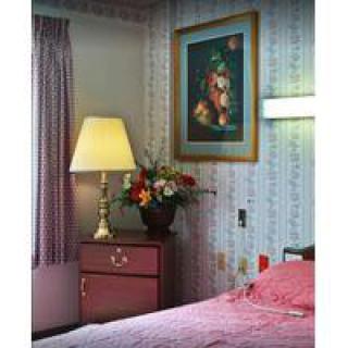Cozy bedroom with a lamp and flowers on a bedside table.