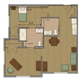 This image shows a floor plan of a one-bedroom apartment with designated areas for the living room, kitchen, and bathroom.
