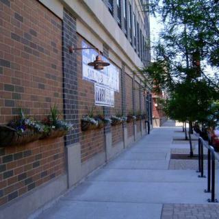 A sidewalk lined with planters and trees next to a brick building.