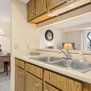 A cozy kitchen with a dual sink and wooden cabinets, opening into a living space.