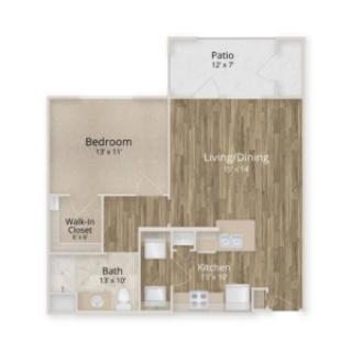 A 1-bedroom apartment floor plan with a living room, kitchen, bathroom, and patio.