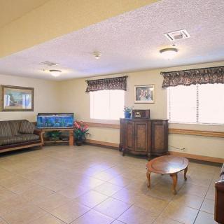 A spacious living room with a sofa, aquarium, and coffee table beneath large windows.
