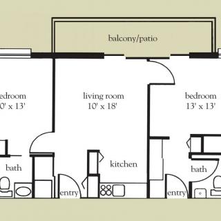 A floor plan of a two-bedroom apartment including a living room, kitchen, two bathrooms, and a balcony/patio.