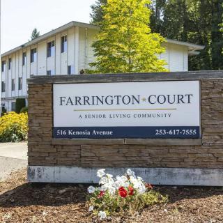 Entrance sign for Farrington Court, a senior living community.