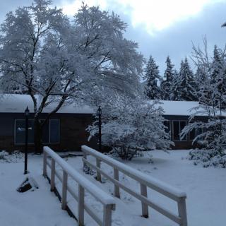 A serene winter scene with a snow-covered cabin and trees.