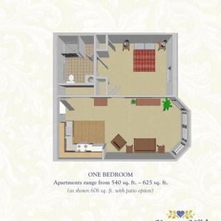 One-bedroom apartment floor plan with detailed furniture layout.