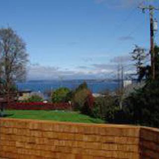 A scenic view of the ocean from a residential area, featuring a wooden fence and trees under a clear blue sky.