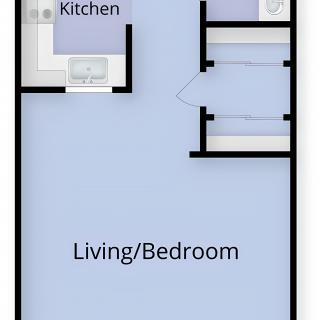 A floor plan of a studio apartment featuring a combined living and bedroom area with an adjacent kitchen.