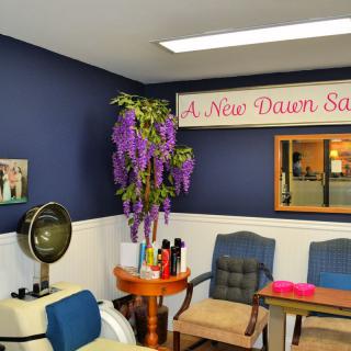A cozy salon waiting area with chairs, a hair dryer, and decorative plants.