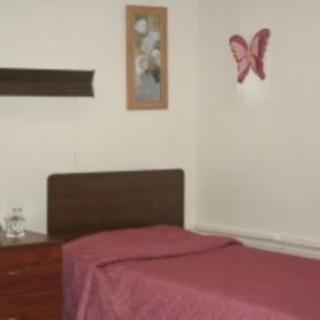 A small bedroom with a single bed featuring pink bedding, adorned with wall art and a butterfly decoration.