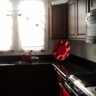A modern kitchen with dark wooden cabinets and decorative red accents.
